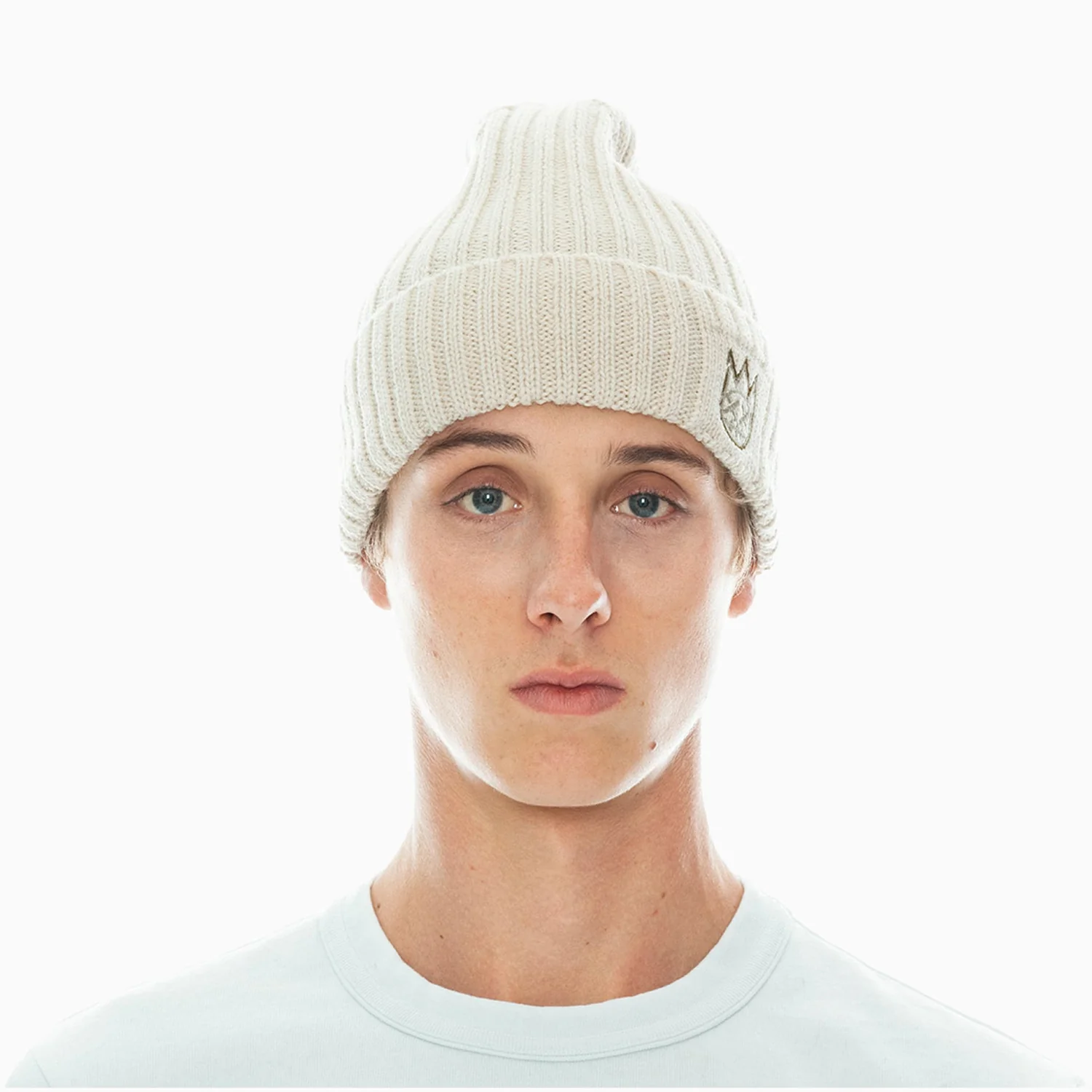 Men's Knit Hat With Clean 2 Tone Shimuchan Logo In Winter White - Image 2