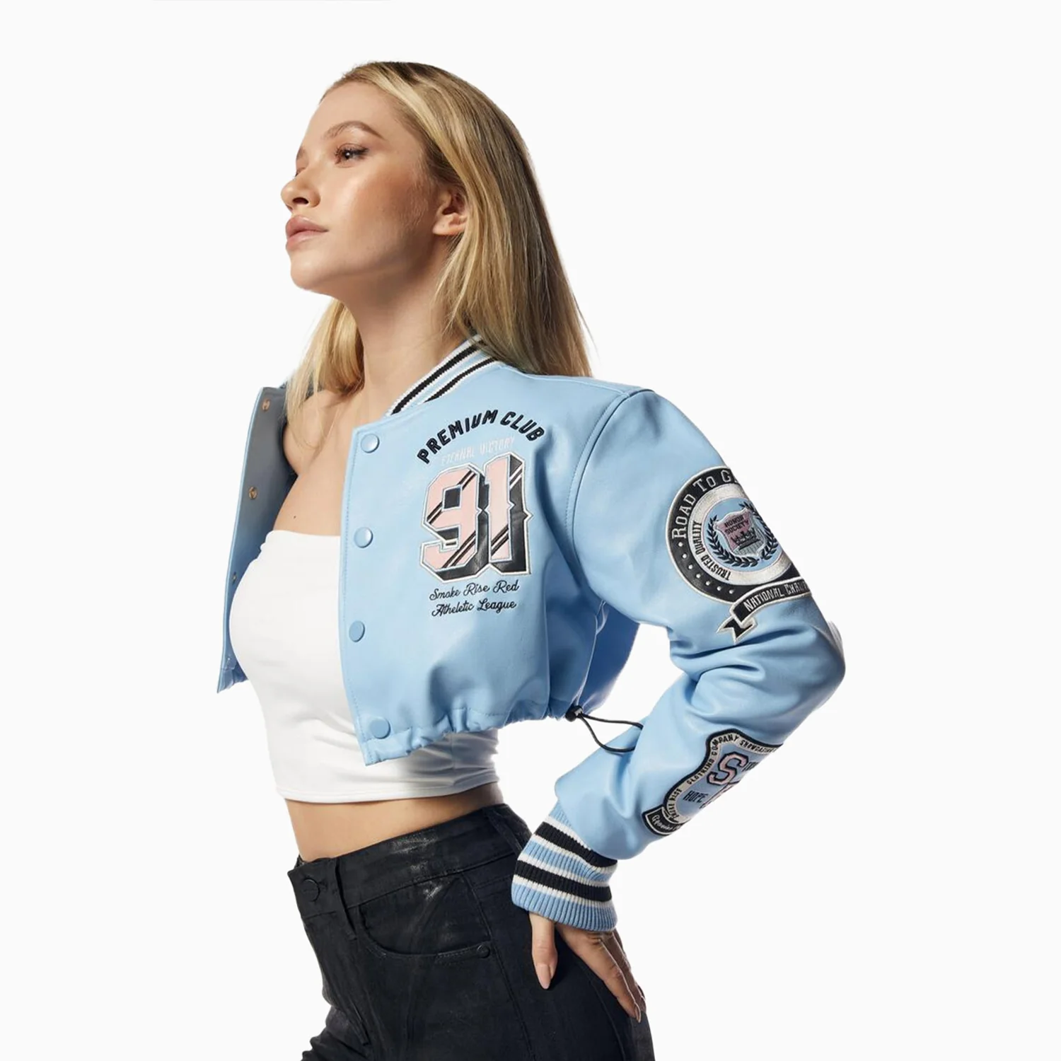 Women's Crop Pu Varsity Jacket - Image 3