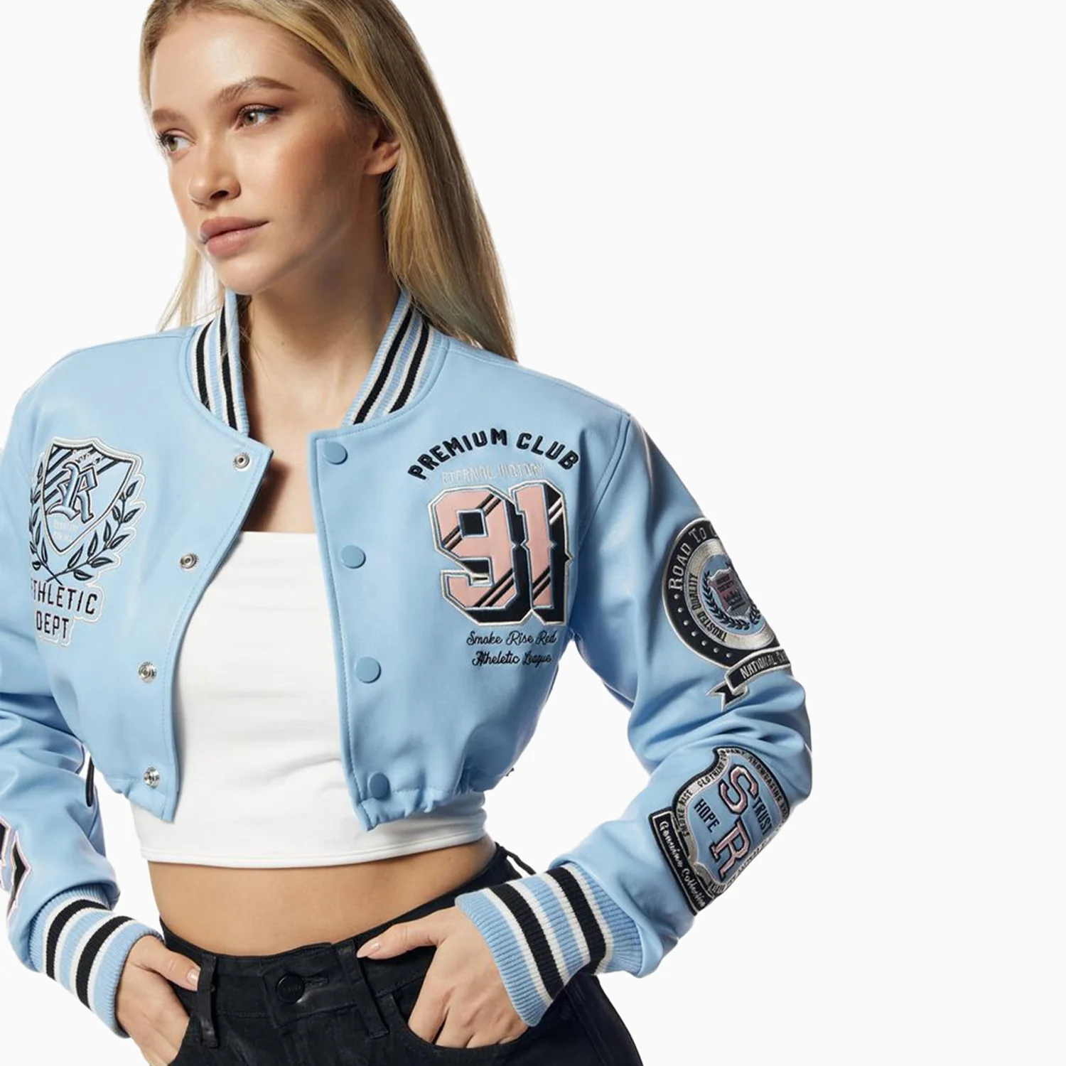 Women's Crop Pu Varsity Jacket - Image 4