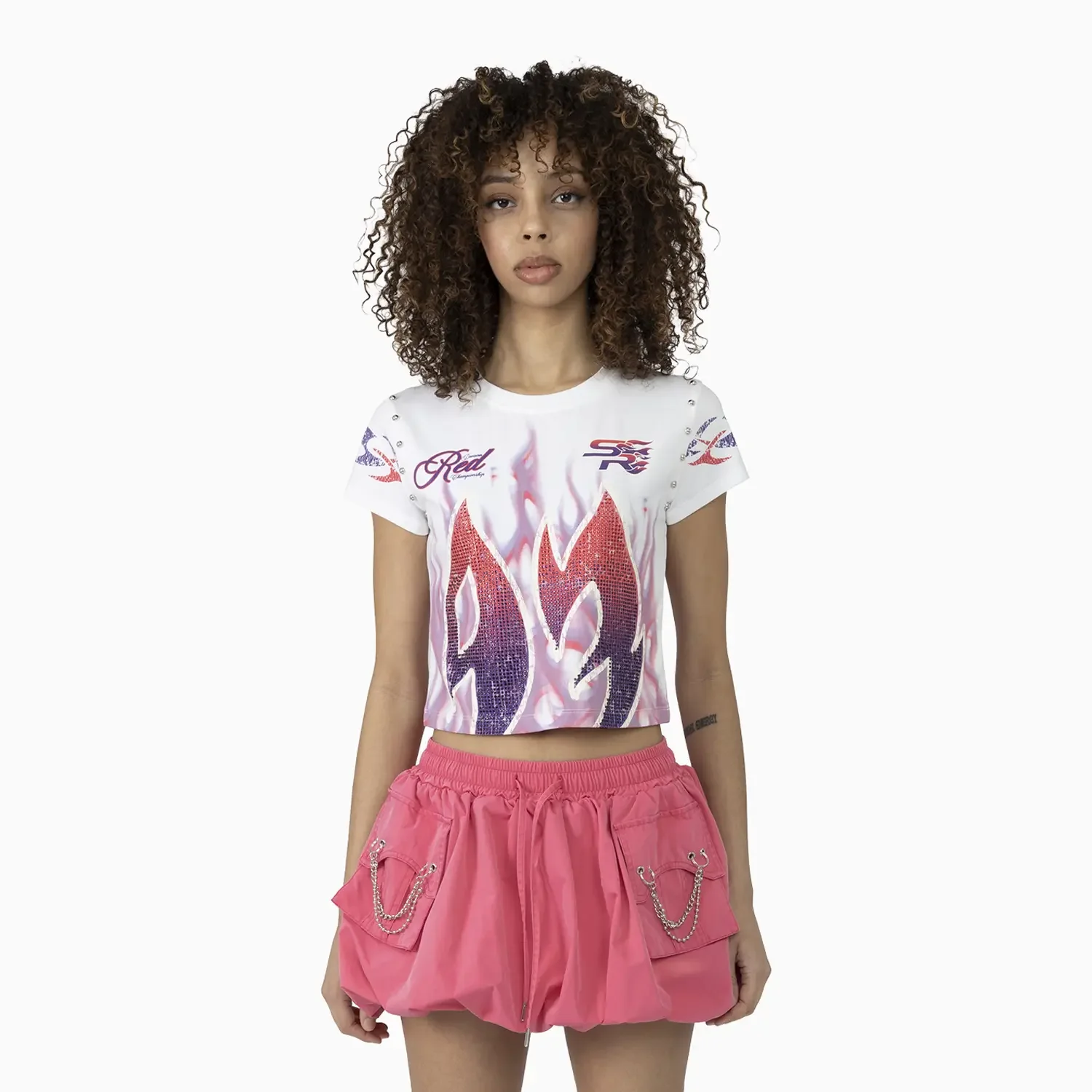Women's Fitted Rhinestone Cropped T-Shirt and Skirt Outfit - Image 2