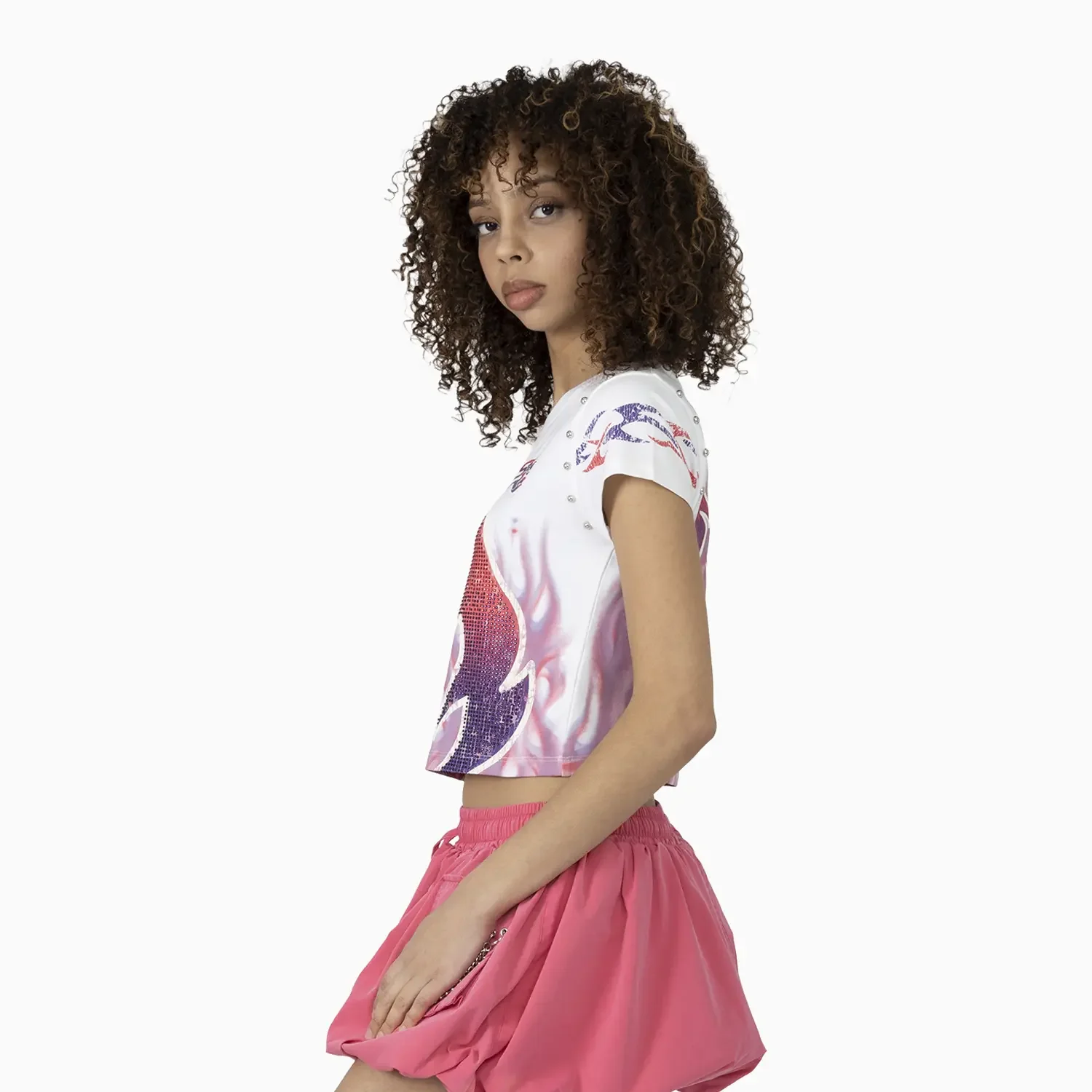 Women's Fitted Rhinestone Cropped T-Shirt and Skirt Outfit - Image 5
