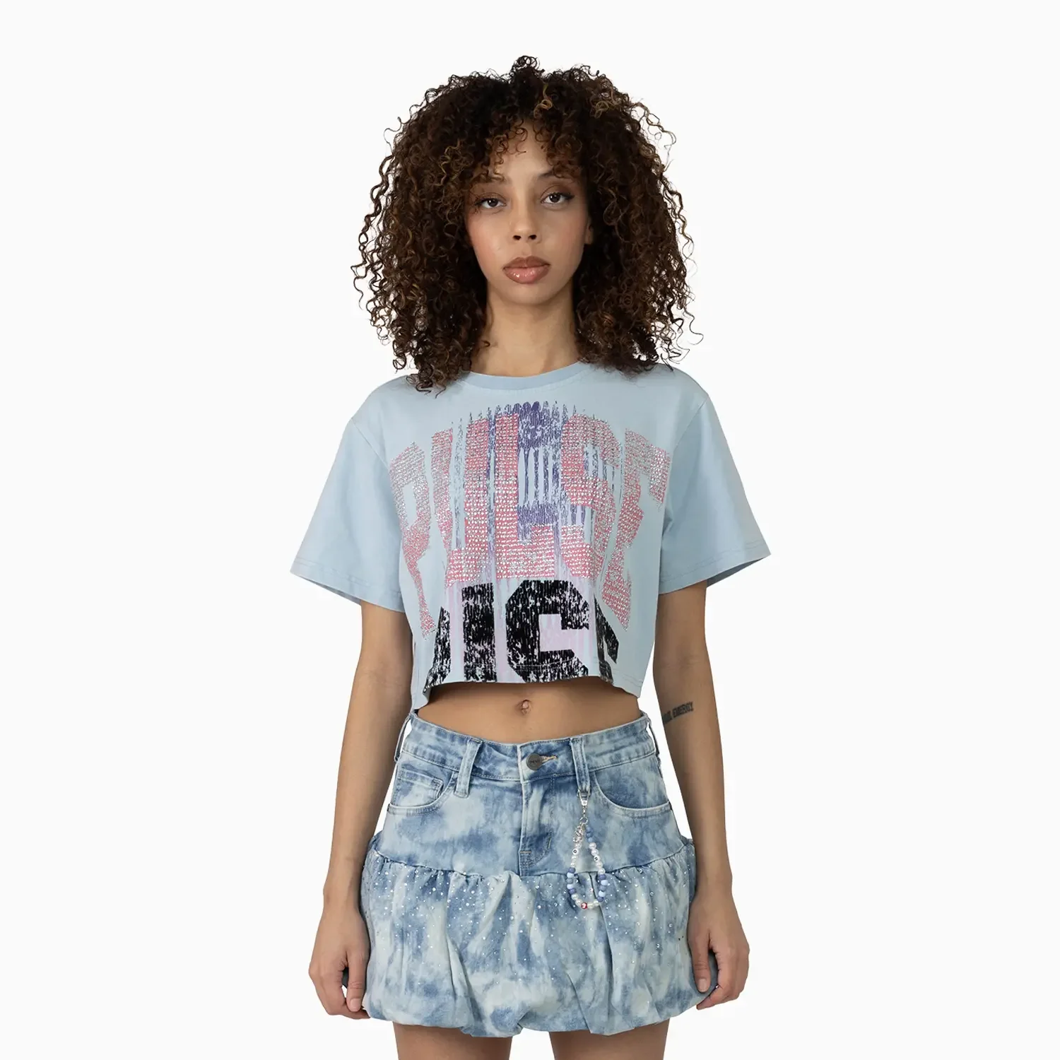 Women's Fitted Rhinestone Cropped T-Shirt and Skirt Outfit - Image 2