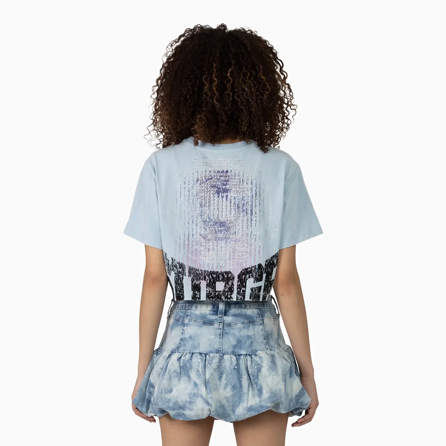 Women's Fitted Rhinestone Cropped T-Shirt and Skirt Outfit - Image 3
