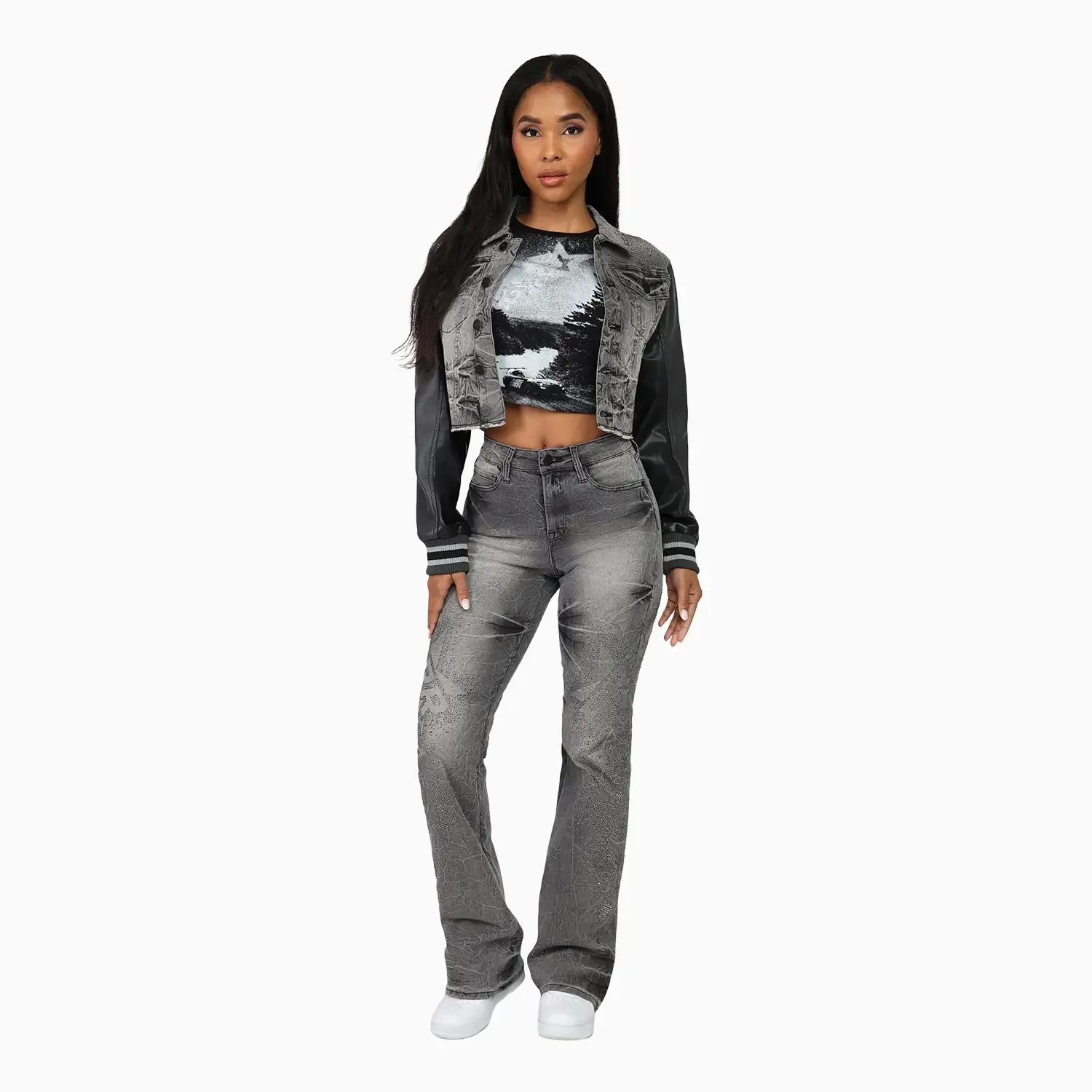 Women's High Rise Rhinestone Stack Jean Pant - Image 4