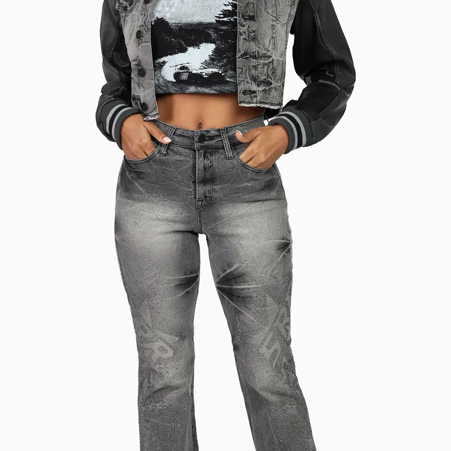 Women's High Rise Rhinestone Stack Jean Pant - Image 5
