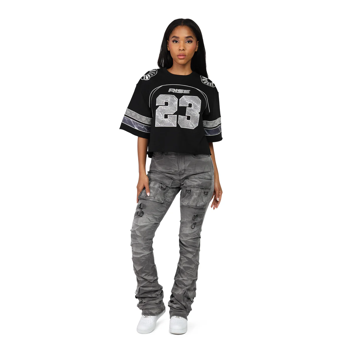 Women's High Rise Rhinestone Stacked Jeans Pant - Image 3
