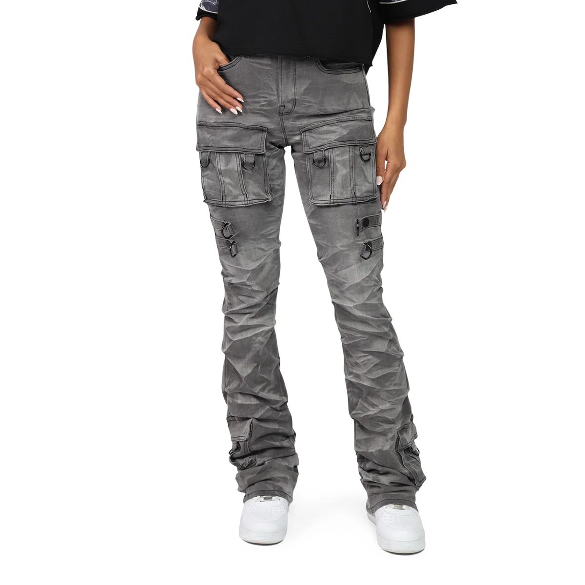 Women's High Rise Rhinestone Stacked Jeans Pant - Image 4