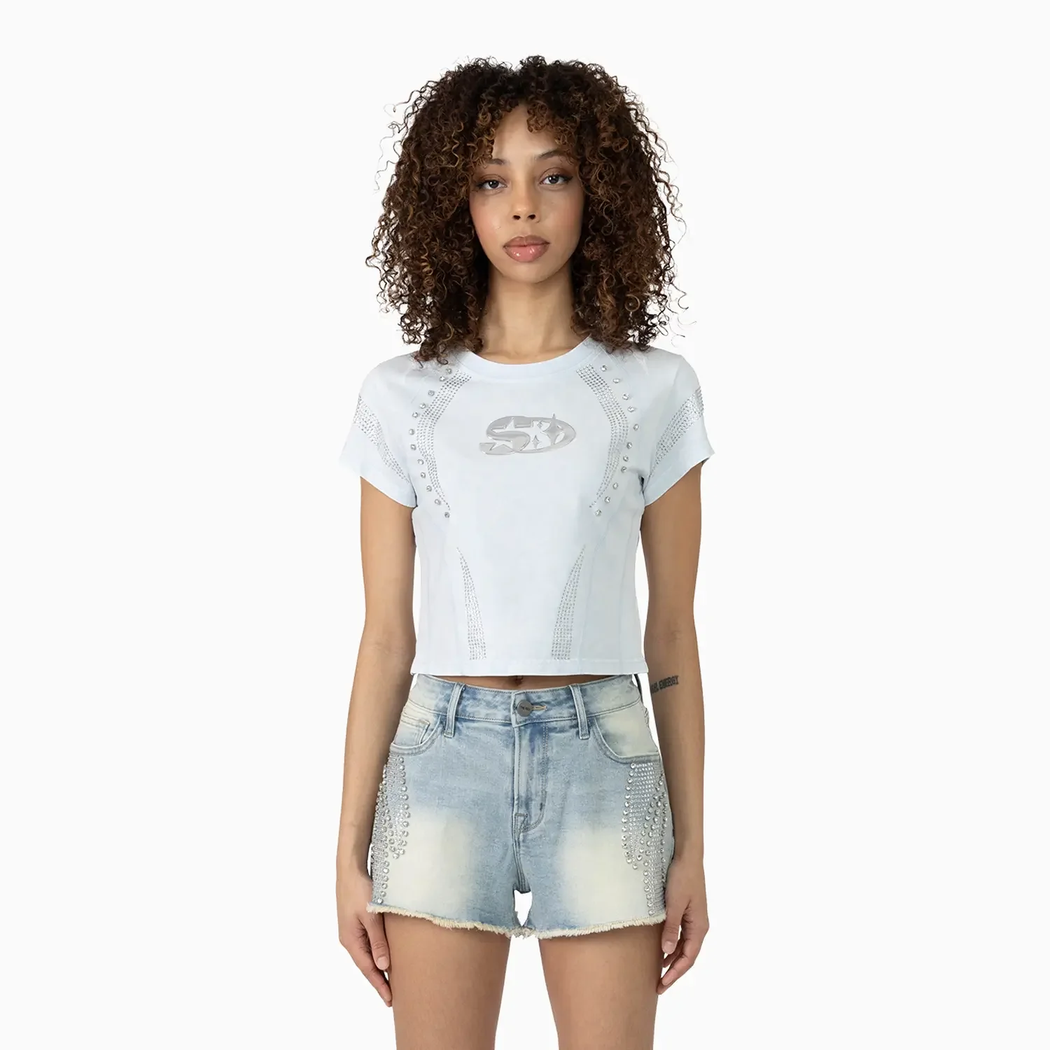 Women's Rhinestone Detail T-Shirt and Shorts Outfit - Image 2