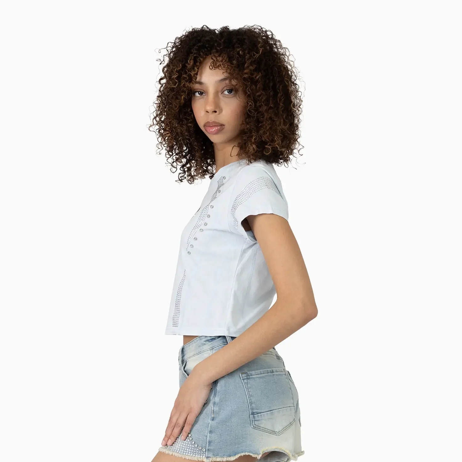 Women's Rhinestone Detail T-Shirt and Shorts Outfit - Image 3