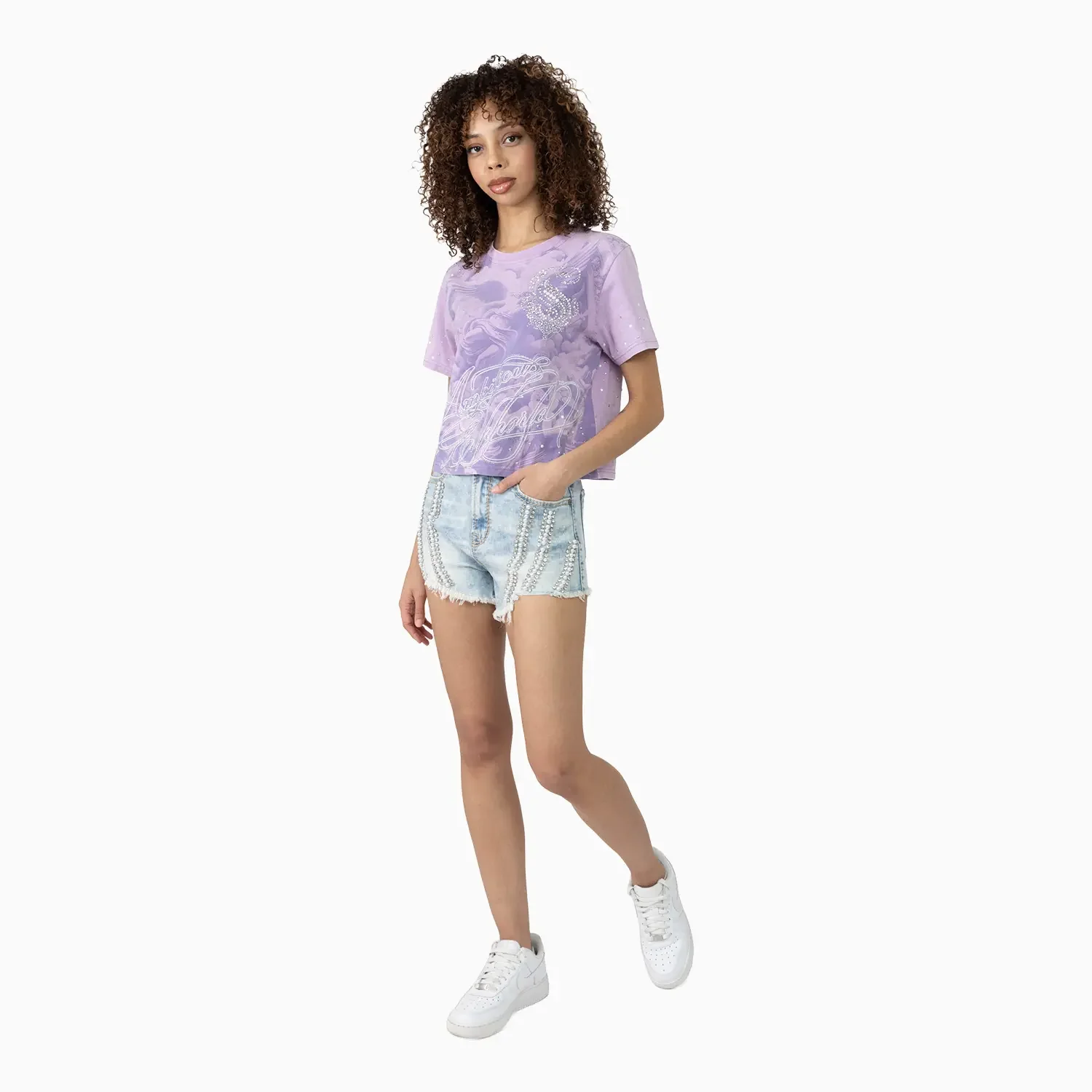 Women's Rhinestone Detail T-Shirt and Shorts Outfit - Image 3